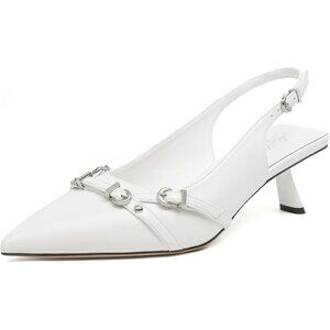 Mostrin Kitten Heel  White Pu(03) Faux Leather Low Slingback Heels with Buckle